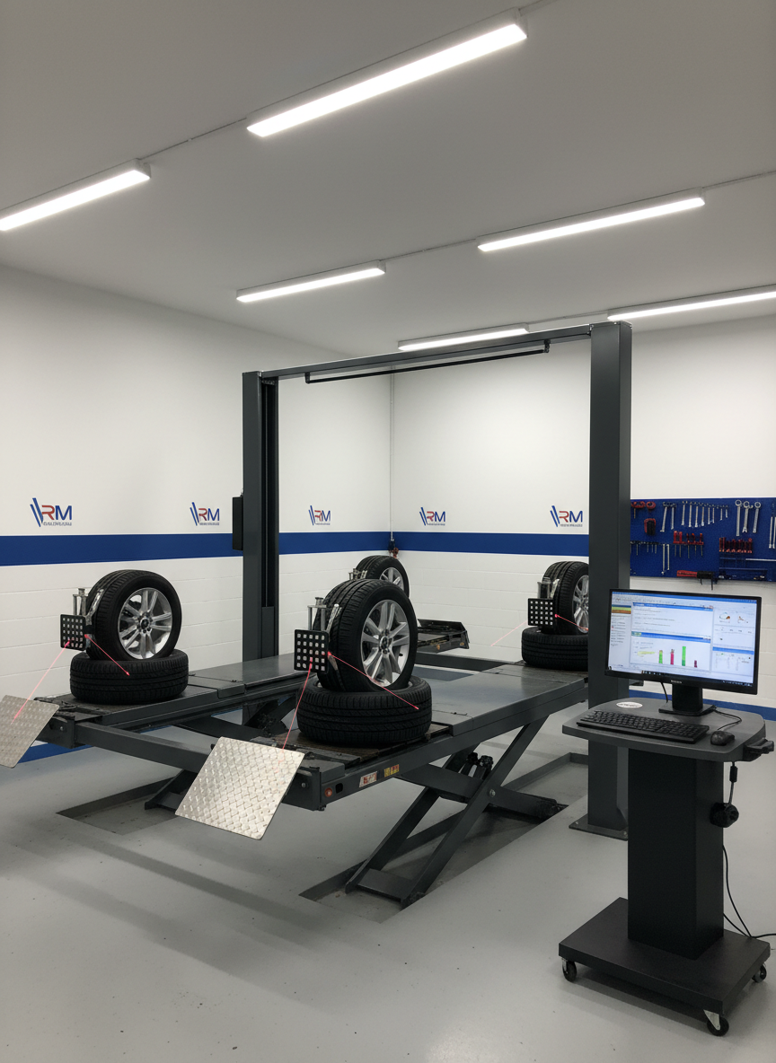A tidy, photographic view of a tyre and wheel alignment bay inside a professional garage. A dark graphite 4-post alignment lift supports a car’s wheels resting on textured metal plates with integrated laser alignment heads positioned precisely at each corner. The walls are painted in bright white with a narrow blue stripe running horizontally, subtly echoing RM Mechanical Spalding Ltd branding. A computer alignment console with a large, clear monitor displays colourful alignment graphs and measurements. Overhead LED strip lights provide bright, even illumination with minimal shadows, creating a clinical, precise atmosphere. Captured at eye level with moderate depth of field, everything from the lift to the monitor remains in sharp focus, underscoring accuracy, advanced equipment, and meticulous maintenance services.
