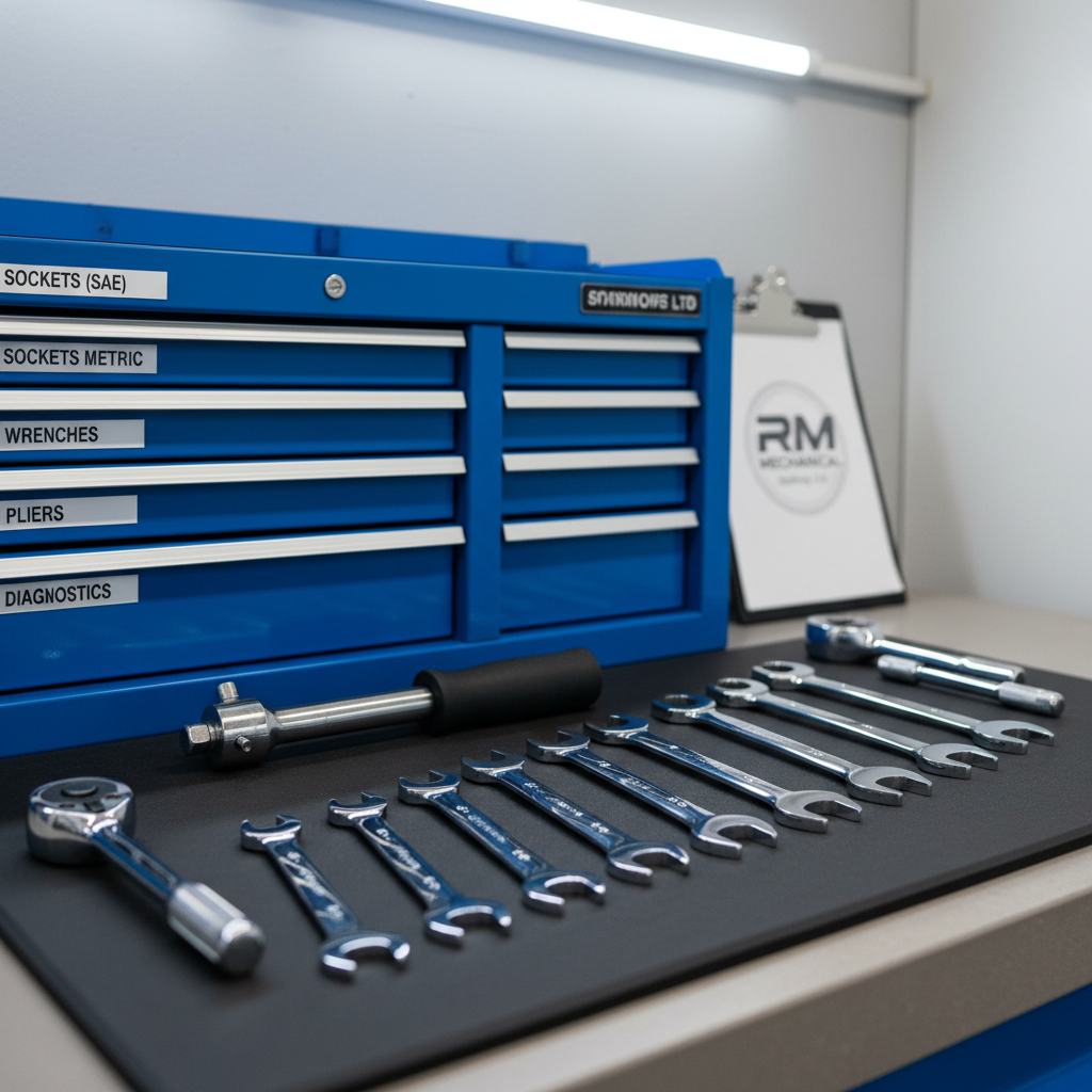 A close-up, photographic view of a neatly arranged workbench in a professional garage, featuring a row of chrome combination spanners, torque wrench, and ratchets laid out on a rubberised black mat. Behind them, a vibrant blue metal tool chest with clearly printed white labels on each drawer sits against a light grey painted wall, with a faint RM Mechanical Spalding Ltd logo subtly visible on a clipboard in the background. Overhead LED lighting creates crisp highlights on the polished metal surfaces and soft, controlled shadows on the bench. Shot from a slightly elevated angle with shallow depth of field, the tools are in sharp focus while the background is gently blurred. The mood is precise, organised, and trustworthy, underscoring expert maintenance and repair services.