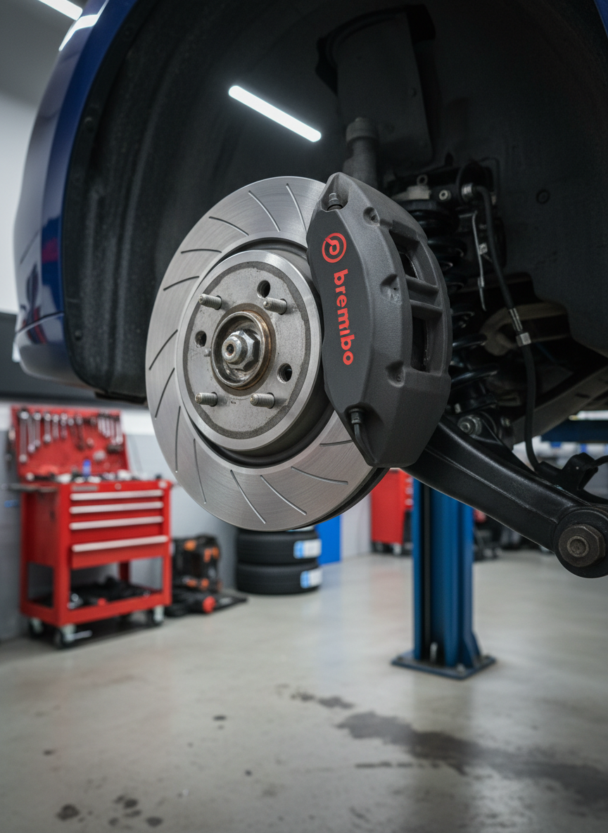 A detailed, photographic close-up of a brake disc and caliper assembly mounted on a car lifted in a garage, captured during a maintenance inspection. The silver vented brake disc, with precisely machined grooves, contrasts against the dark, slightly textured caliper housing and matte black suspension components. The background reveals a softly blurred red tool trolley and portions of a clean, grey concrete floor. Cool white LED workshop lighting from above highlights the metallic surfaces and casts defined but soft shadows, enhancing depth and clarity. Shot from a low, three-quarter angle with shallow depth of field, the image feels technical, precise, and professional, emphasising expert brake repair services at a high-standard mechanical garage.