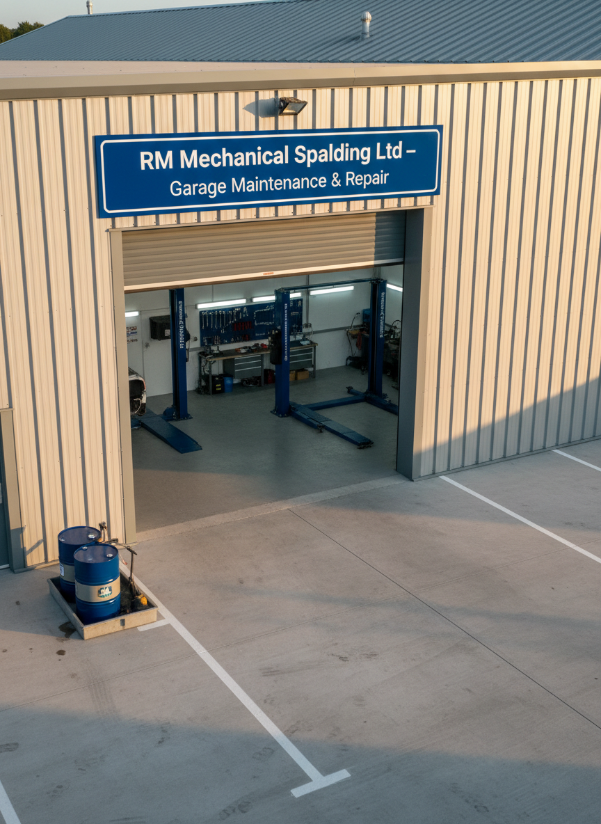 A photographic, high-angle view of a well-maintained garage exterior in Spalding at late afternoon, showcasing a wide roller shutter door partially open to reveal a clean, organised workshop inside. The building façade features light grey cladding with a deep blue sign reading ‘RM Mechanical Spalding Ltd – Garage Maintenance & Repair’ in crisp white lettering. The concrete forecourt is clear, with freshly painted parking bay lines and a small, tidy oil recycling station to one side. Soft, warm late-day sunlight casts gentle shadows and adds a subtle golden tone to the scene, while the interior glows with cool LED light. The mood is inviting and professional, signalling a trusted local garage ready for customers.