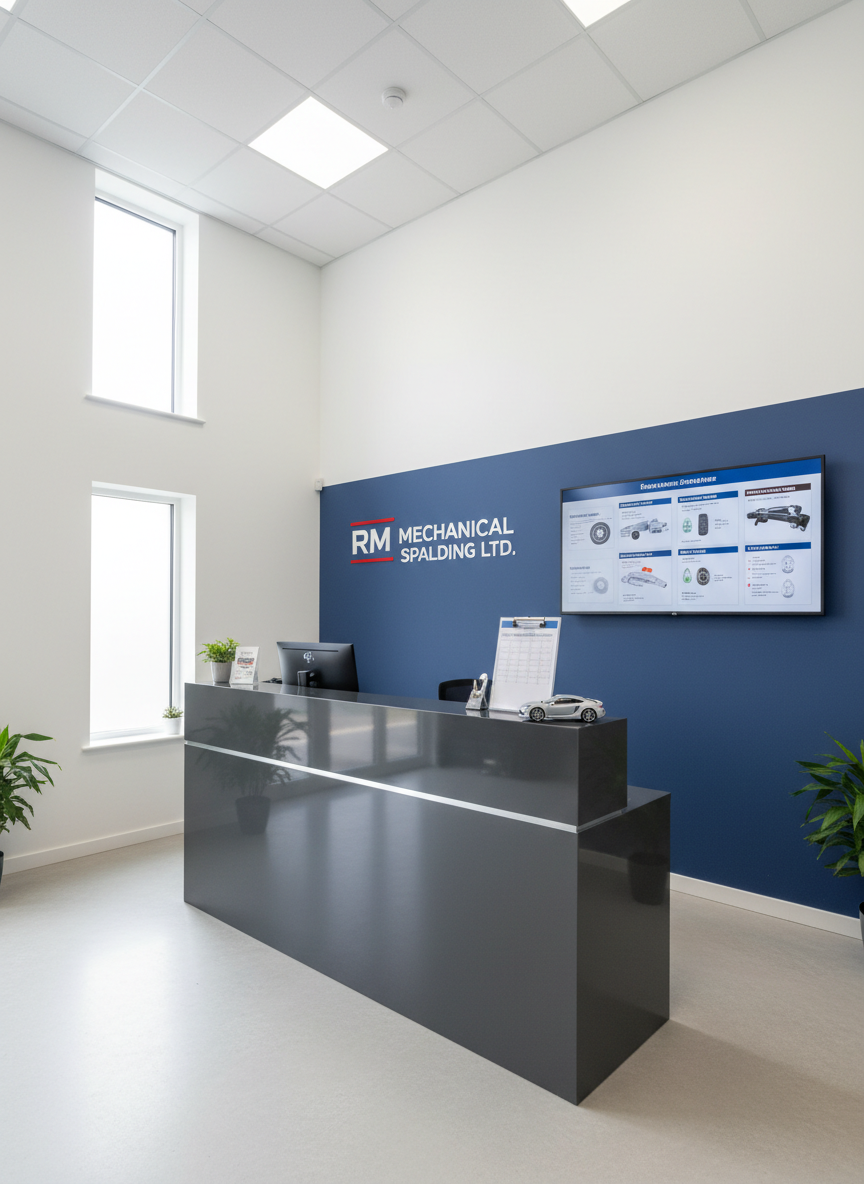 A photographic, wide-angle shot of a clean, modern garage reception area designed for a mechanical workshop in Spalding. A glossy dark grey service counter with a subtle metallic finish sits centrally, topped with a computer monitor, a stack of neatly arranged service forms, and a small model car. Behind the counter, a wall-mounted digital display shows a schematic of vehicle maintenance checks. The walls are painted in cool white with a single deep blue accent wall displaying ‘RM Mechanical Spalding Ltd’ in professional typography. Natural daylight from a high side window mixes with warm, diffused ceiling lights, creating a welcoming yet highly professional atmosphere. Composition uses the rule of thirds with sharp focus throughout, conveying reliability, transparency, and attention to detail.