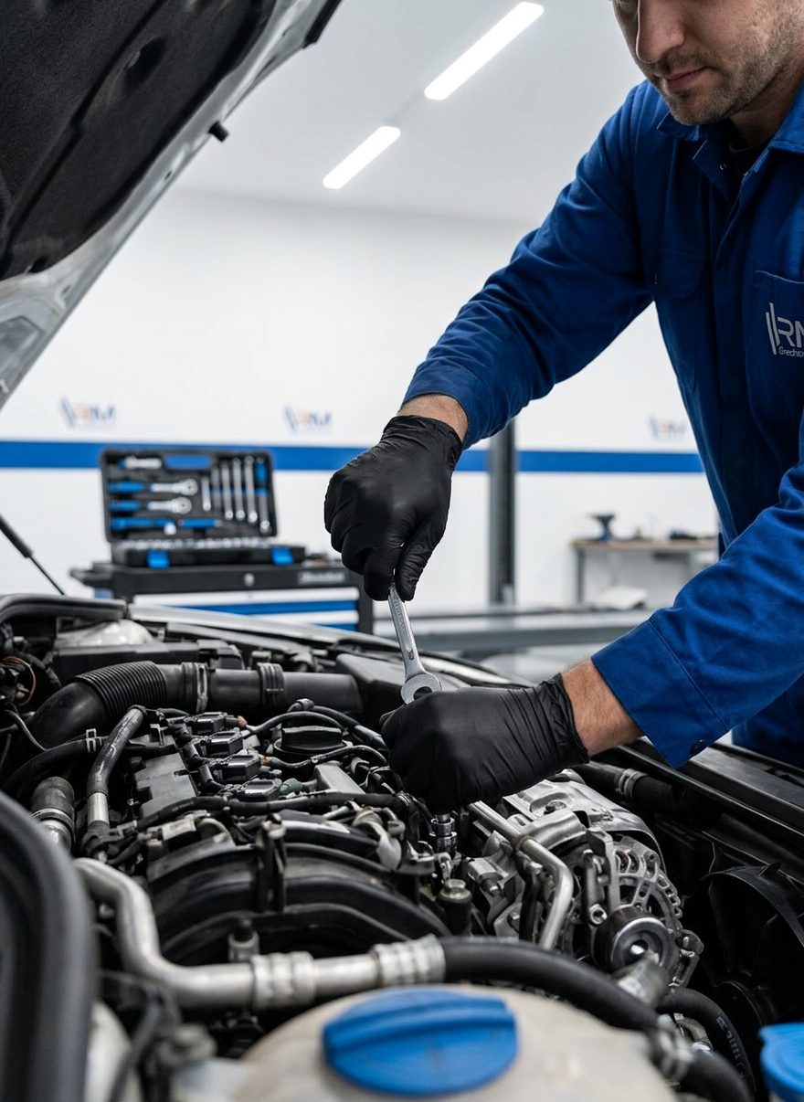 garage maintenance A tidy, photographic view of a tyre and wheel alignment bay inside a professional garage. A dark graphite 4-post alignment lift supports a car’s wheels resting on textured metal plates with integrated laser alignment heads positioned precisely at each corner. The walls are painted in bright white with a narrow blue stripe running horizontally, subtly echoing RM Mechanical Spalding Ltd branding. A computer alignment console with a large, clear monitor displays colourful alignment graphs and measurements. Overhead LED strip lights provide bright, even illumination with minimal shadows, creating a clinical, precise atmosphere. Captured at eye level with moderate depth of field, everything from the lift to the monitor remains in sharp focus, underscoring accuracy, advanced equipment, and meticulous maintenance services.